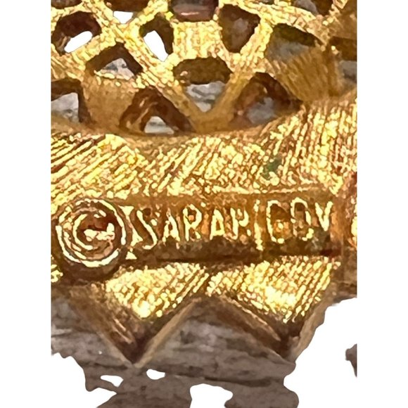 Sarah Coy Signed Vintage Amber Turquoise Rhinestone Gold Costume Brooch Pin - Picture 8 of 9